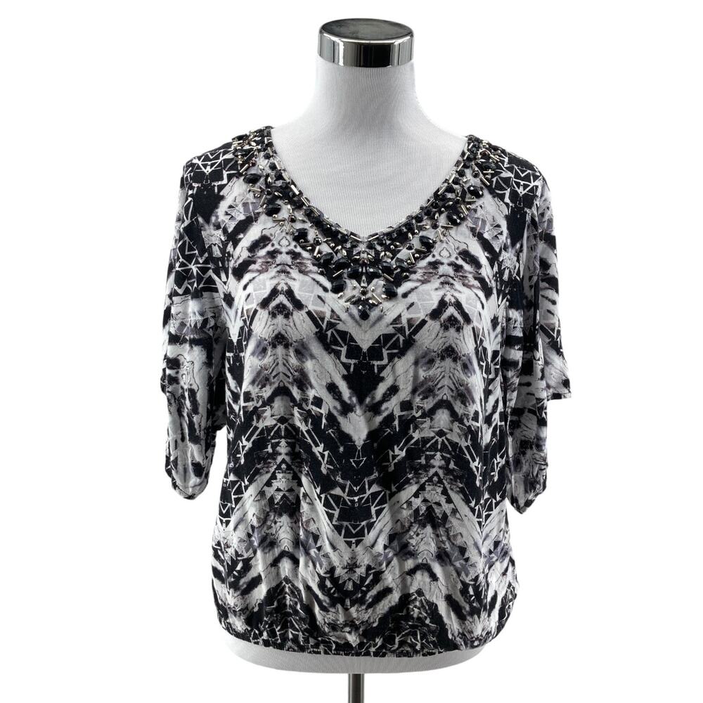 Dressbarn Blouse Top Women Small Black White Chevron Oversized Rhinestone V Neck